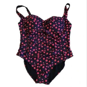 Nicole Miller Black One-Piece Swimsuit with Pink/Red Floral Print